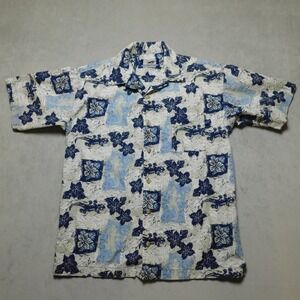 Gecko Hawaii Mens Blue White Hibiscus Gecko Batik Print Camp Shirt Extra Large